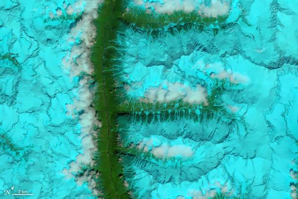 Il sistema OLI sul Landsat 8 ha acquisito questa immagine a falsi colori di valli e catene montuose innevate a sud-est del Tibet, il 4 agosto, 2014.