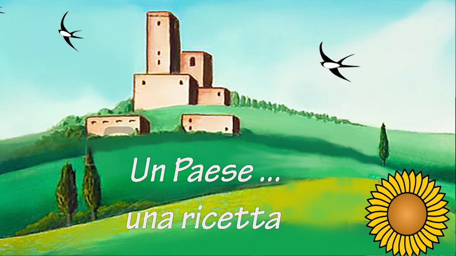 Logo rubrica Un paese...una ricetta con case su collinea e rondini che passano