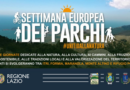 Banner promoting Settimana Europea dei Parchi over a coastal hill landscape, with a sun graphic and the hashtag #UNITIDALLANATURA; Regione Lazio logos at the bottom.