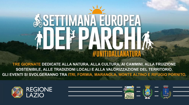 Banner promoting Settimana Europea dei Parchi over a coastal hill landscape, with a sun graphic and the hashtag #UNITIDALLANATURA; Regione Lazio logos at the bottom.